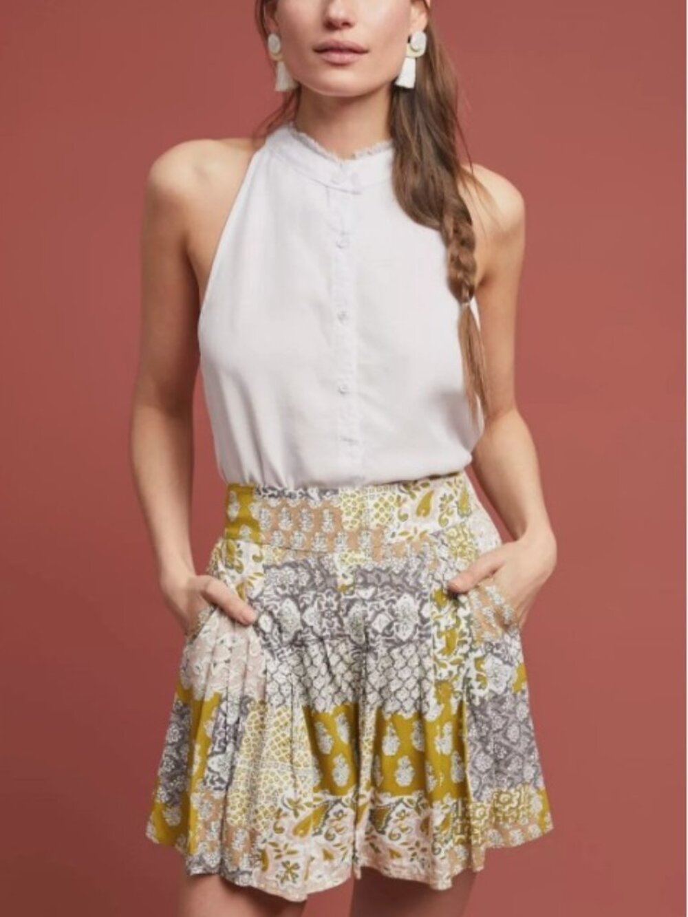 Anthropologie Maeve Patchwork Pleated Shorts S Green Motif Boho High Rise